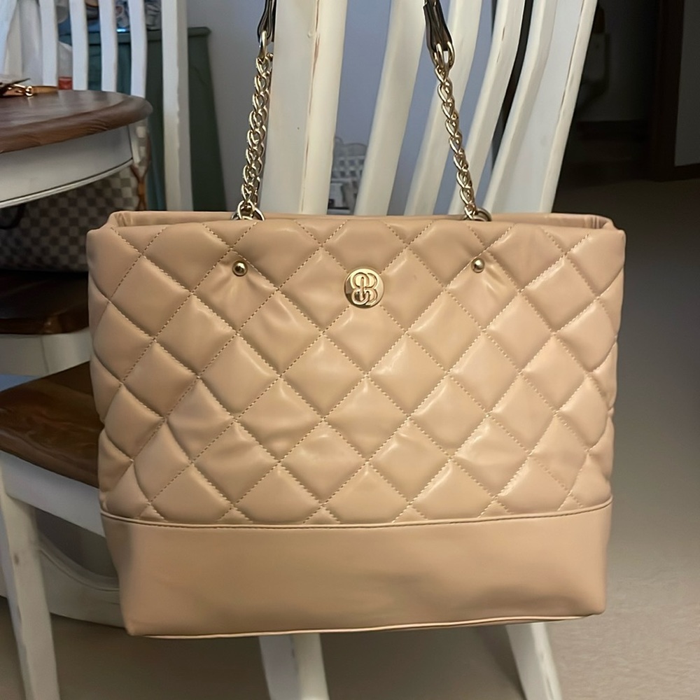 Handbag/tote, tan & gold, quilted, faux leather